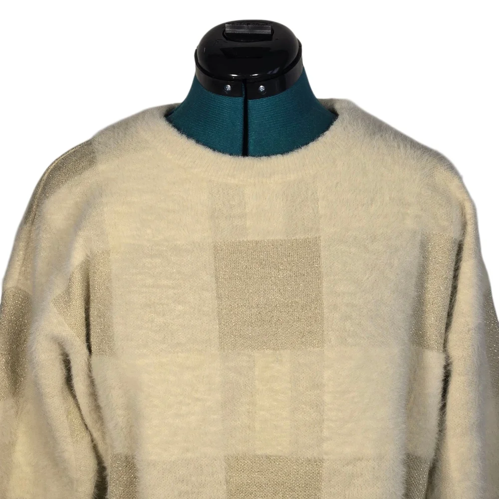 FRNCH Checker Fuzzy Knit Crewneck Sweater Neutral Tan Cream Size Small EUC
